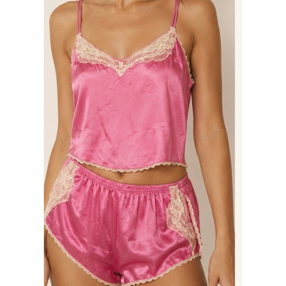 Vintage Valentino Intimo Pink Satin Lace Cami Tap Shorts Set Large Made in USA